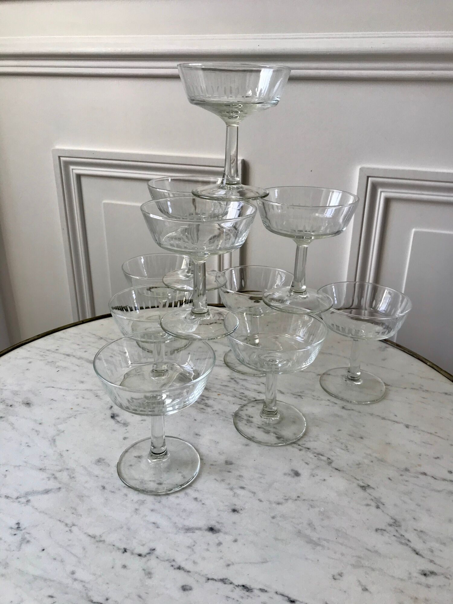Lot de 10 coupes à champagne en verre cristallin années 50-60