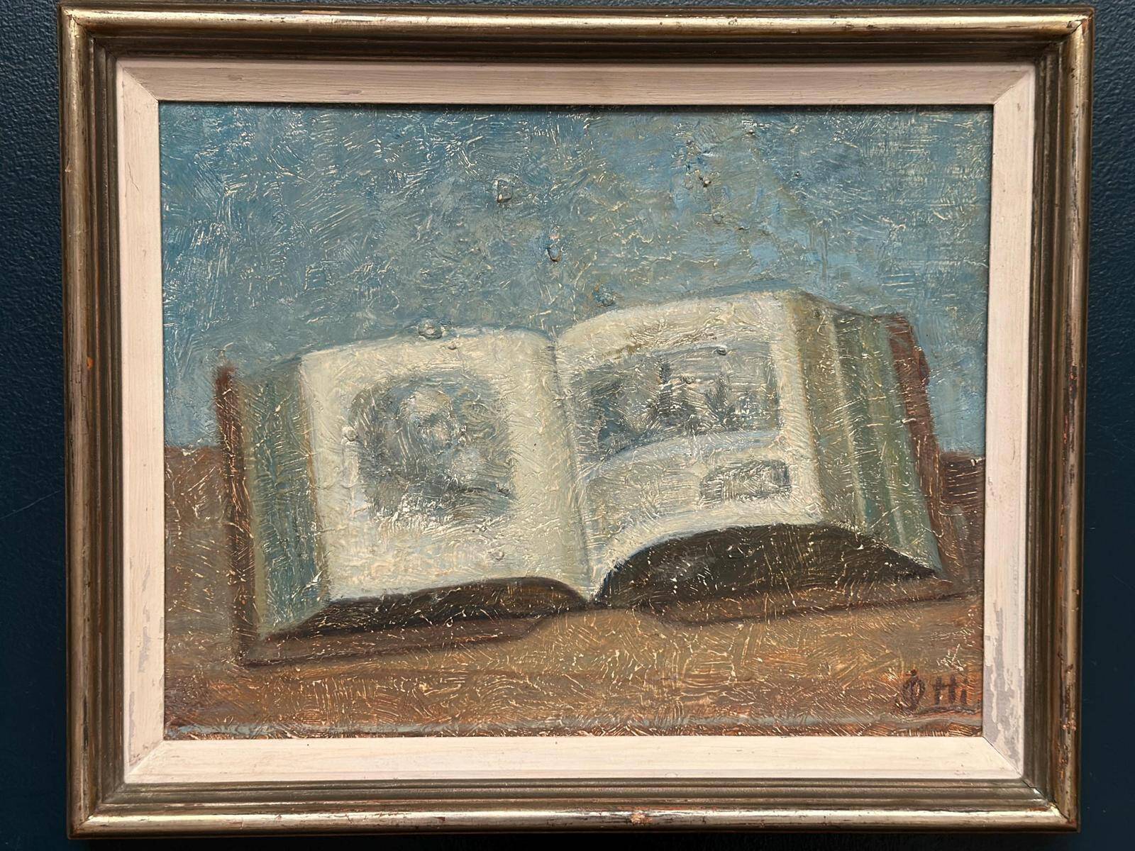 Huile sur panneau suédoise d'époque mi-siècle – « Livre » par Otti Ljunggren – Vintage et encadrée – 49 × 41 cm (19,3" × 16,1")