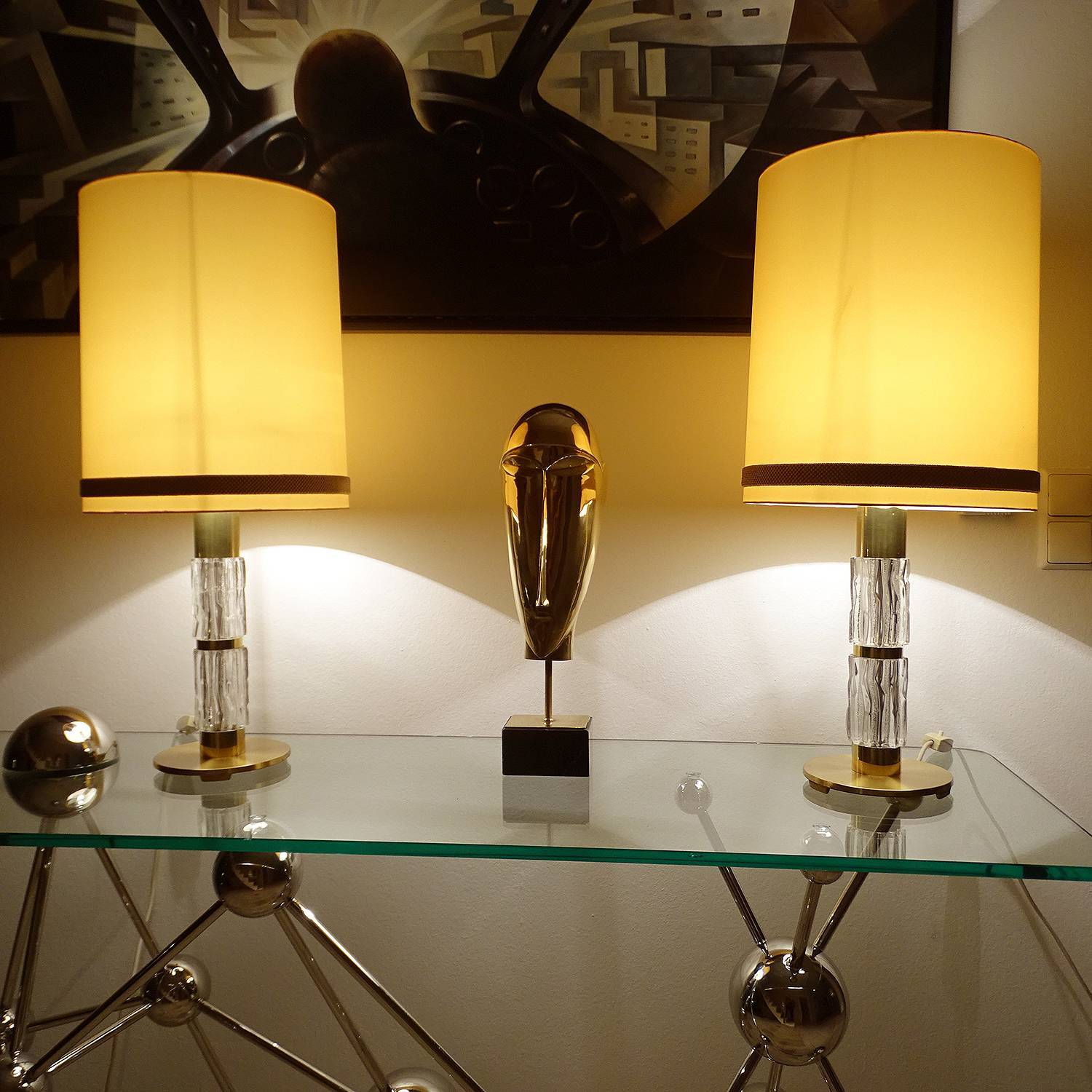 Pair Large Vintage Lamps, Glass & Brass