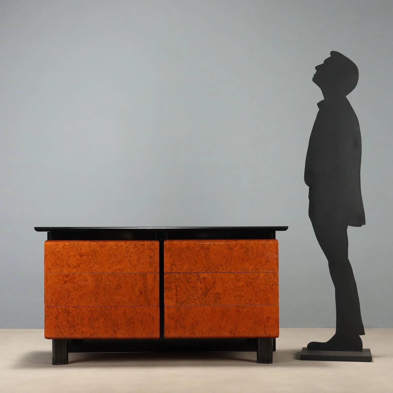 1980s lacquered wood and burl commode