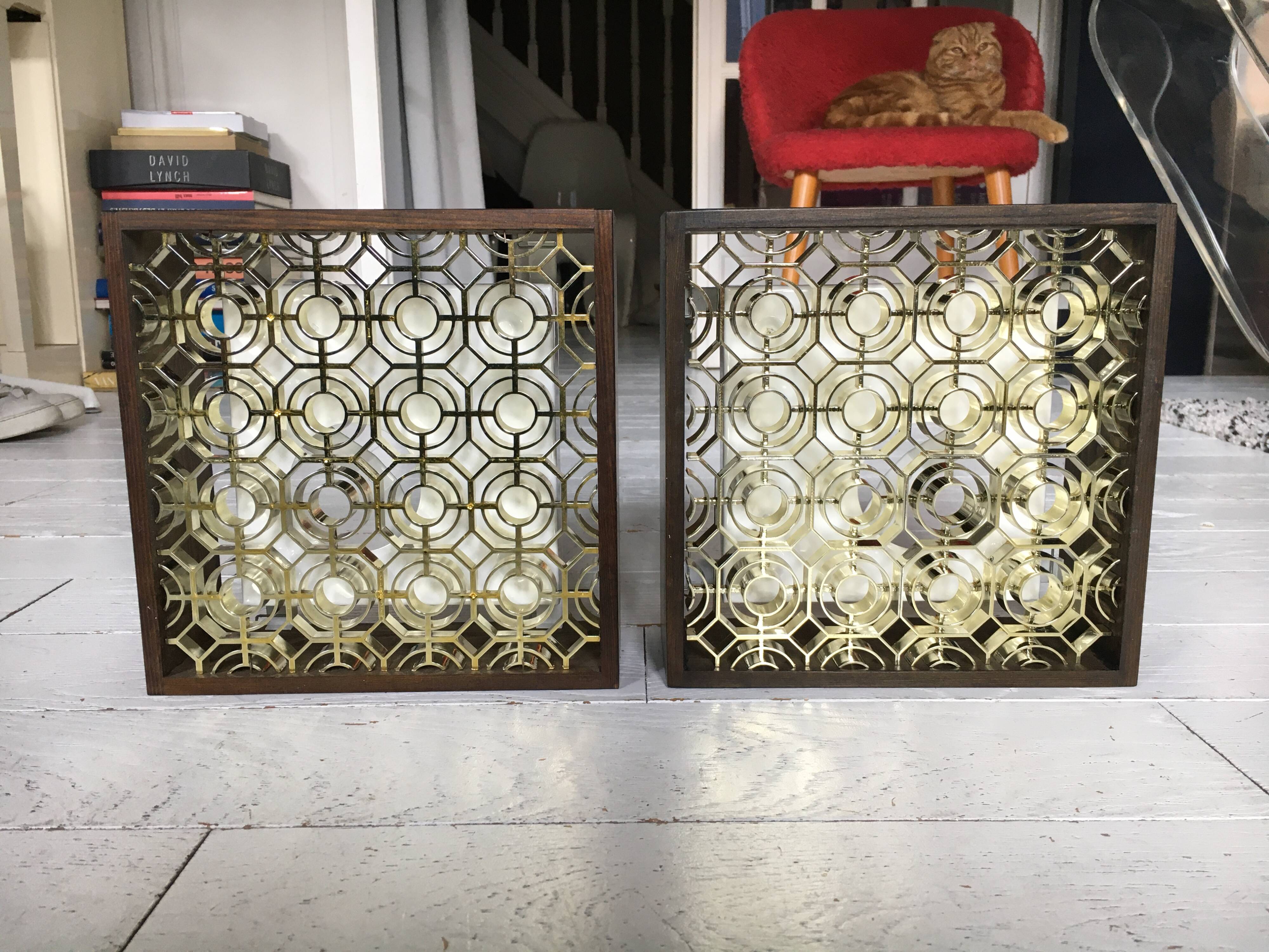 Pair of wooden frame wall lights, Odreco