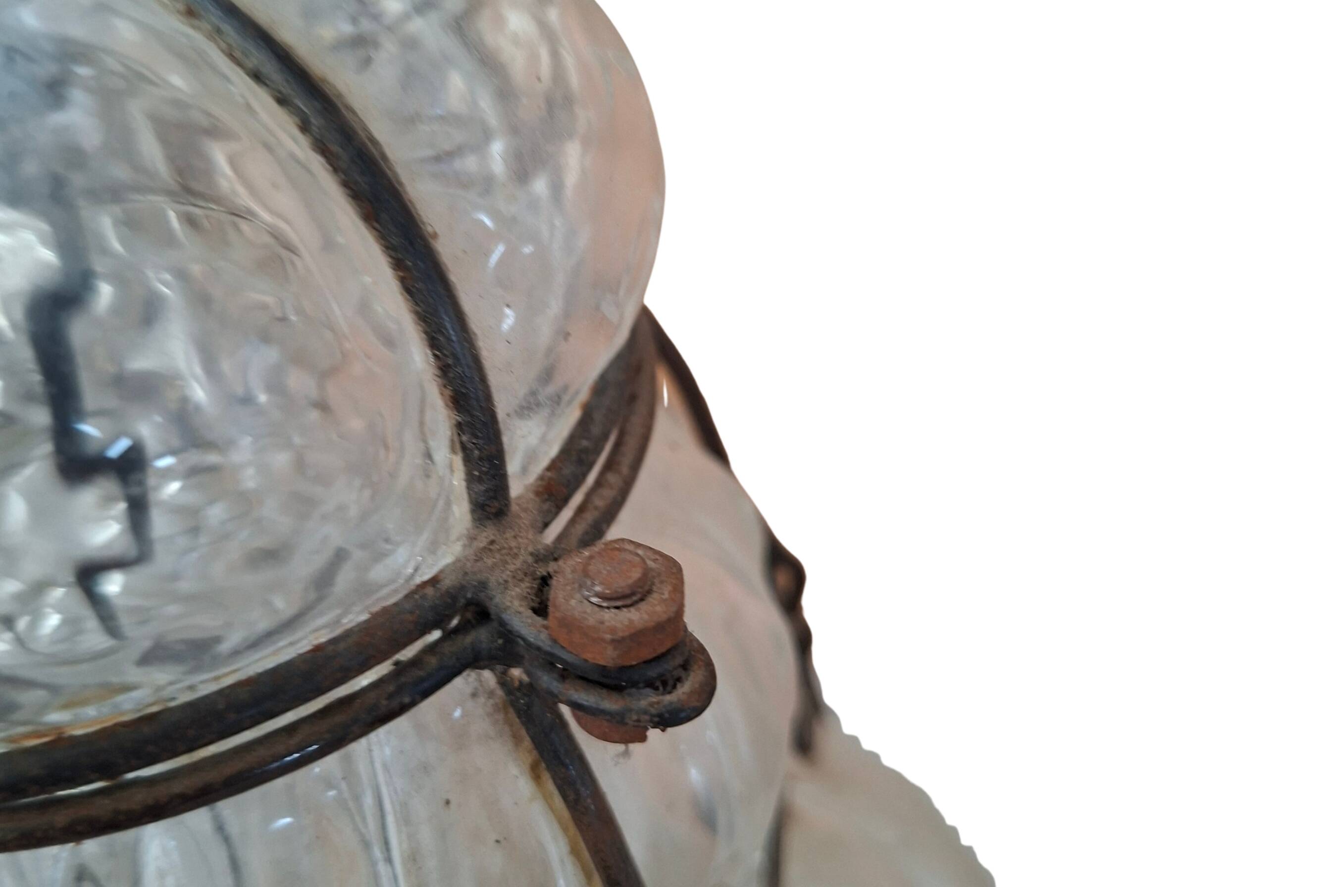 Suspension Vintage en Verre Soufflé et Fer Forgé