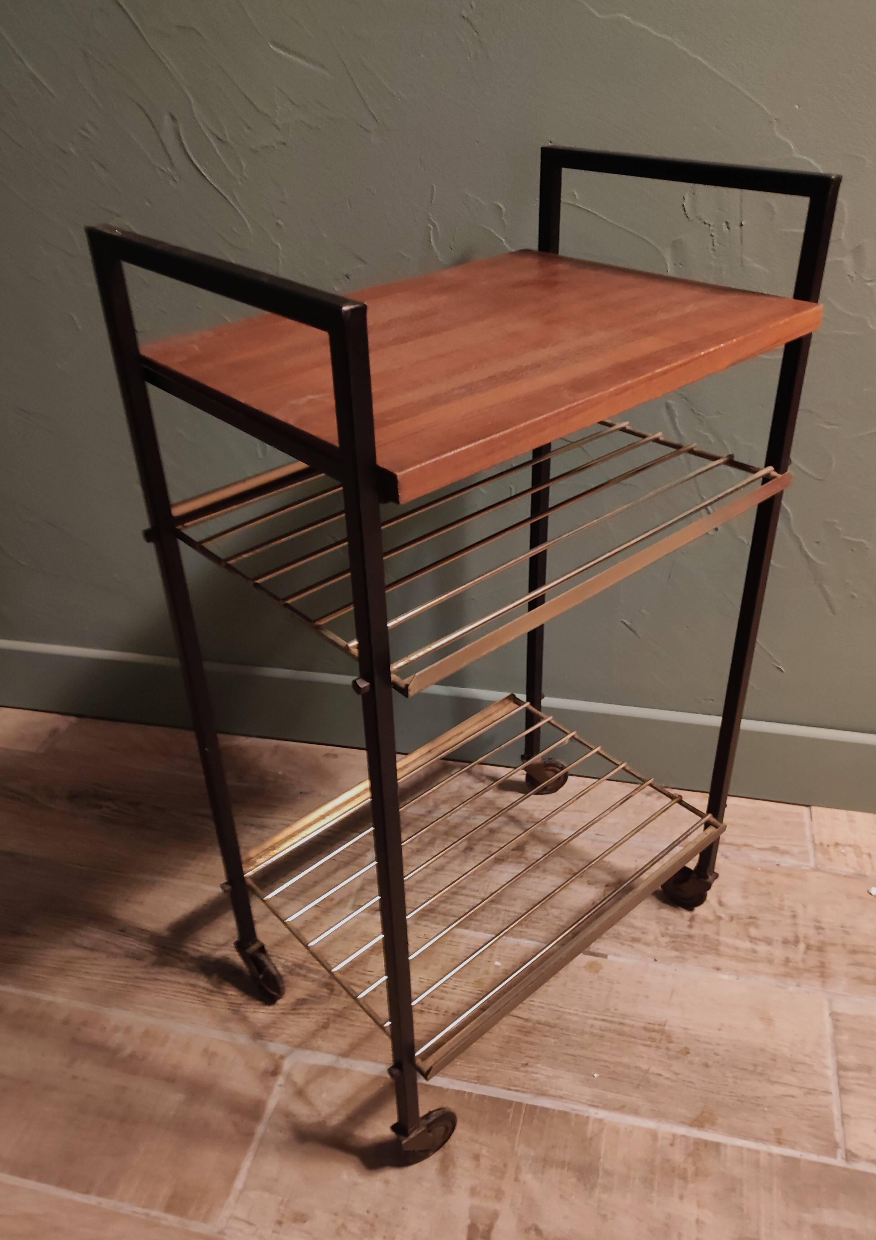 Serving table with metal wood wheels