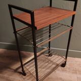 Serving table with metal wood wheels