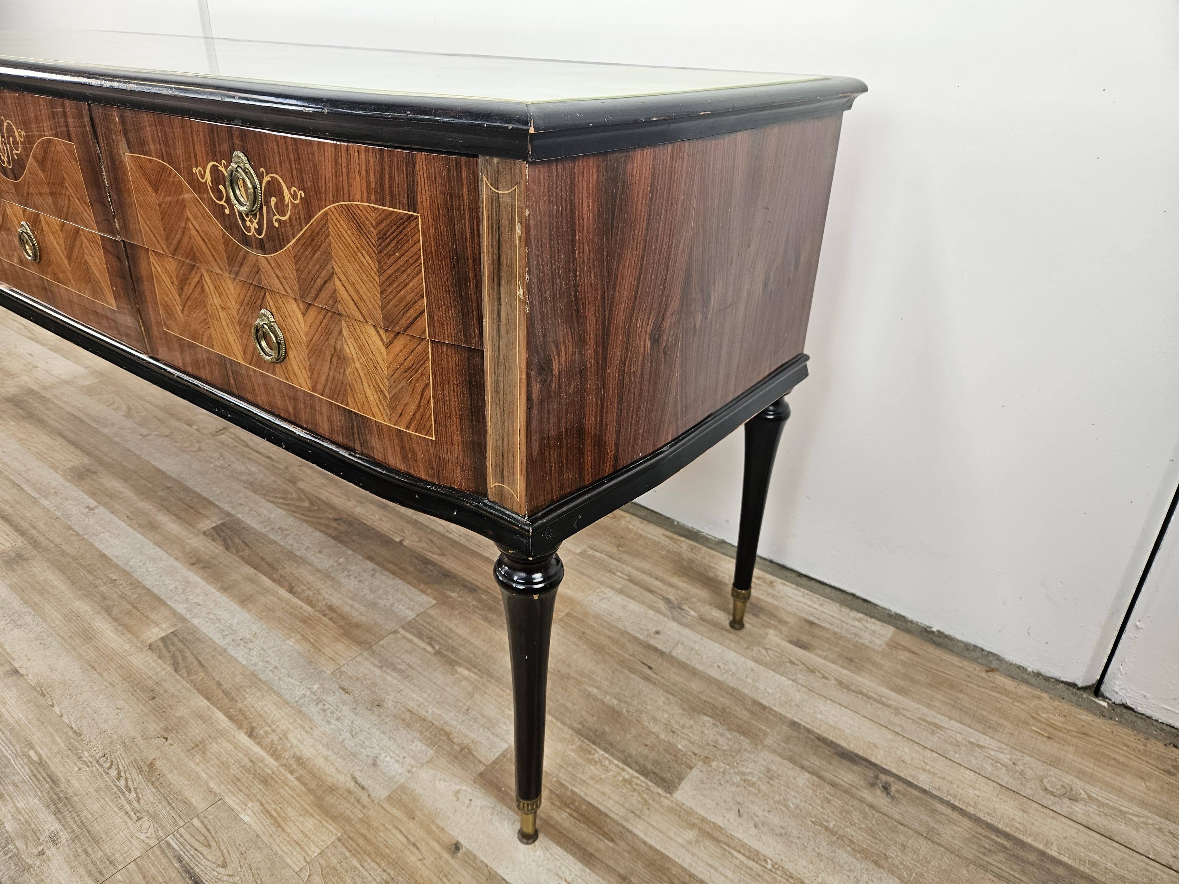 1960s bedroom dresser with six drawers and glass top