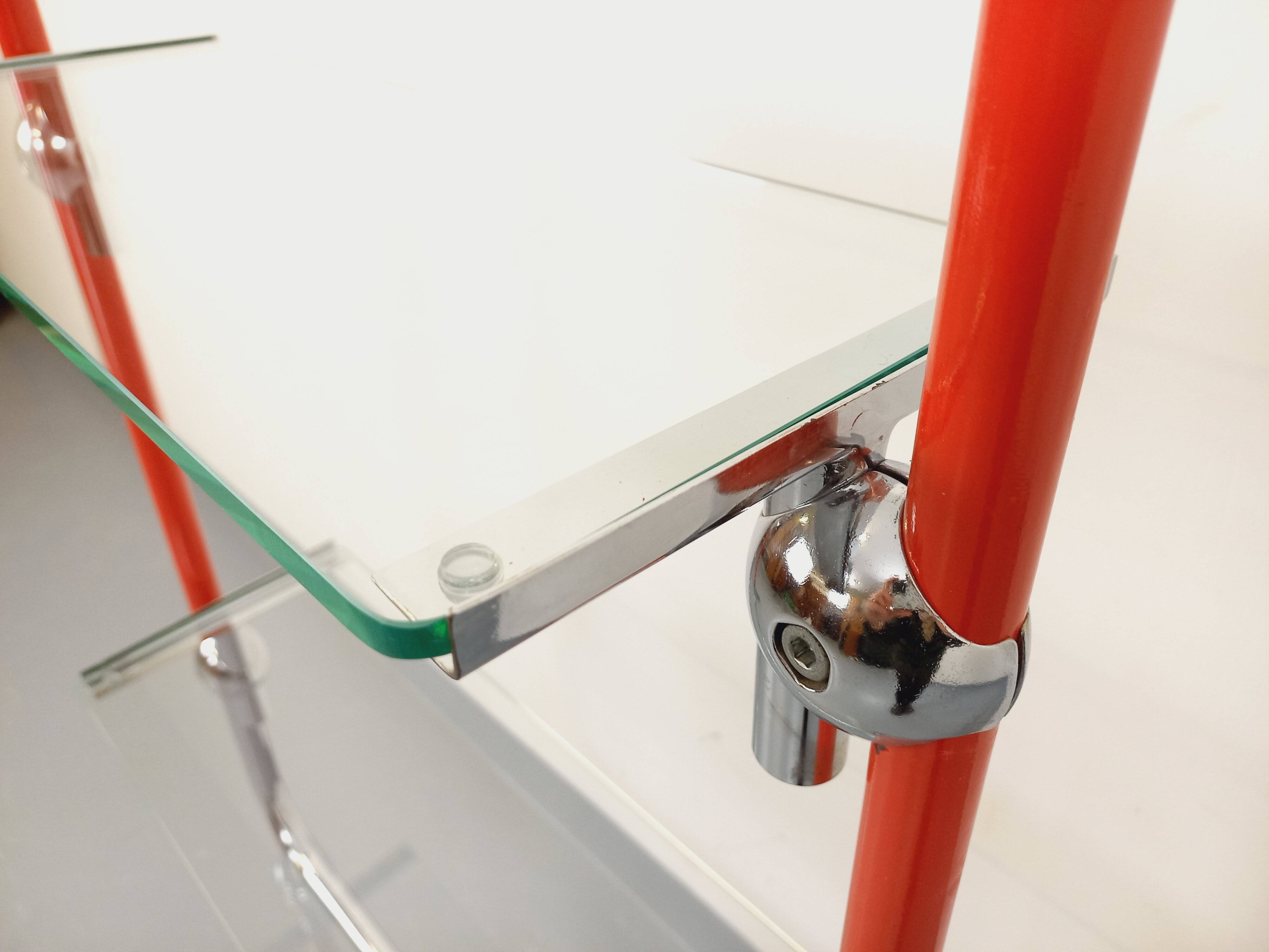Modular bookshelf in vintage Bauhaus style, red metal, chrome.