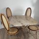 Ensemble table + 4 chaises fer forgé patiné, plateau granit Kashmir, cannag