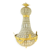 Grand lustre Mongolfiere en Bronze doré et Pampilles en verre à Facettes