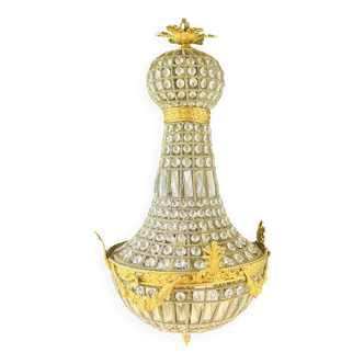 Grand lustre Mongolfiere en Bronze doré et Pampilles en verre à Facettes