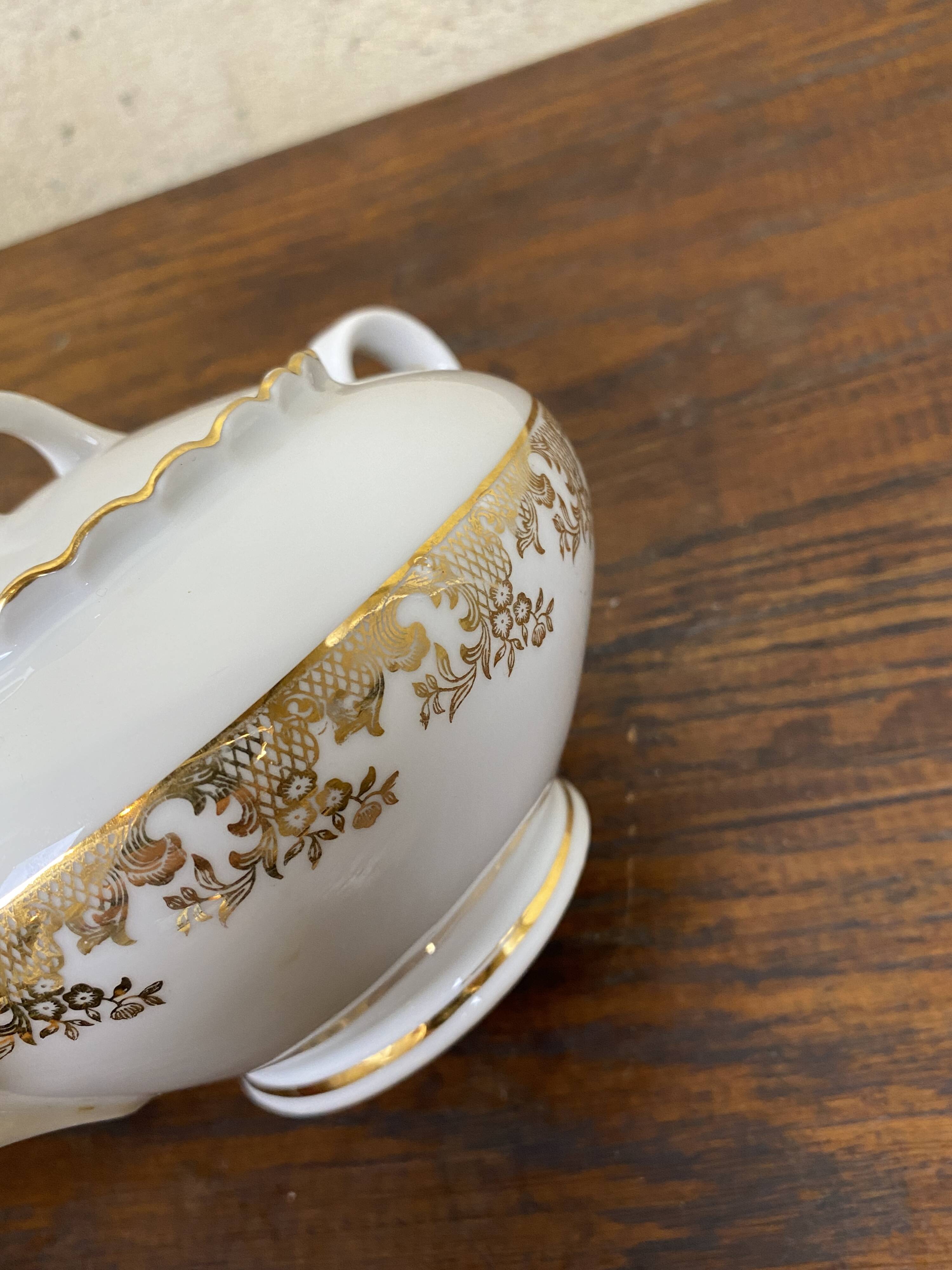ADP France white and gold porcelain sugar bowl