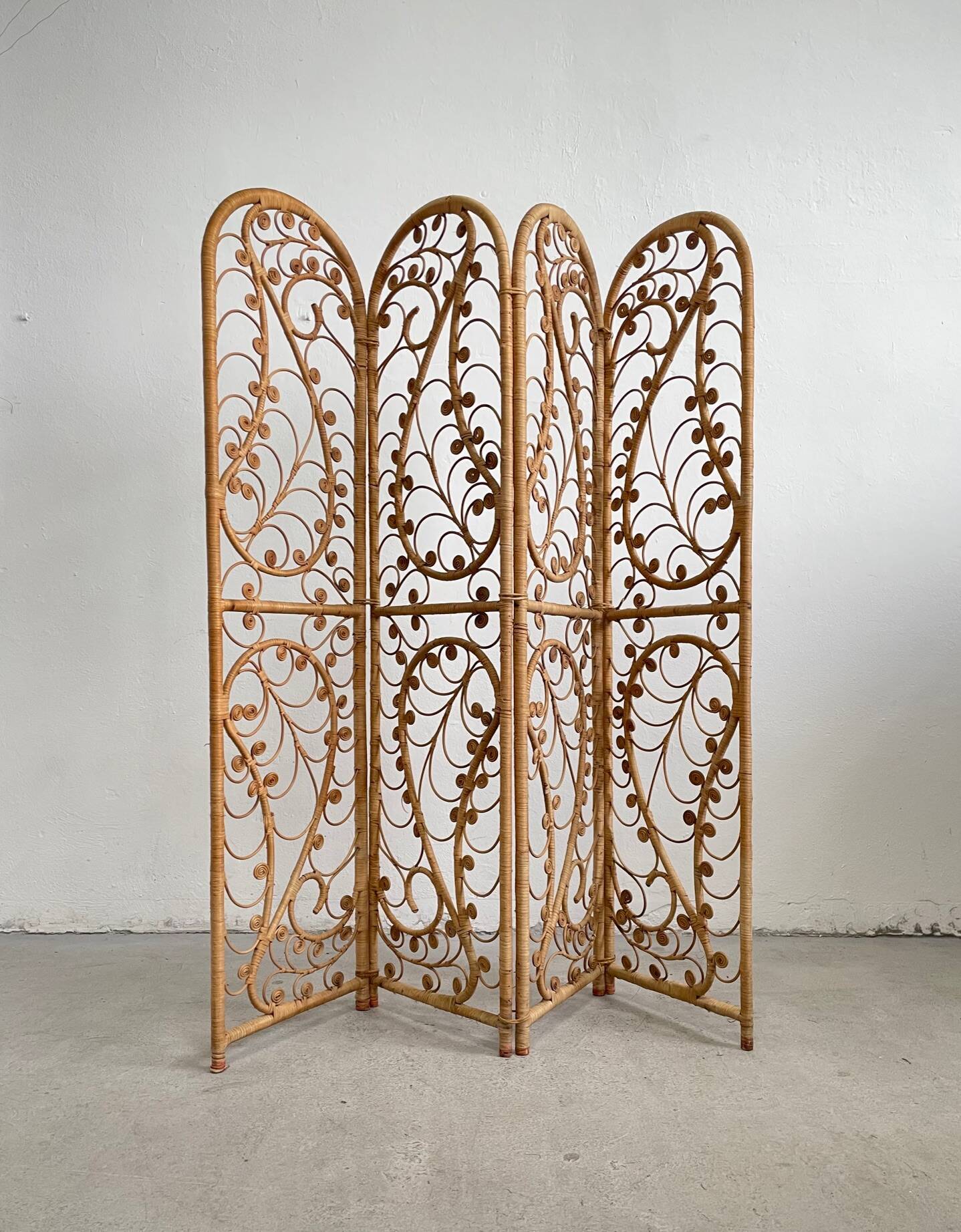 Vintage Four-part Rattan Peacock Screen, Room Divider, 1950s
