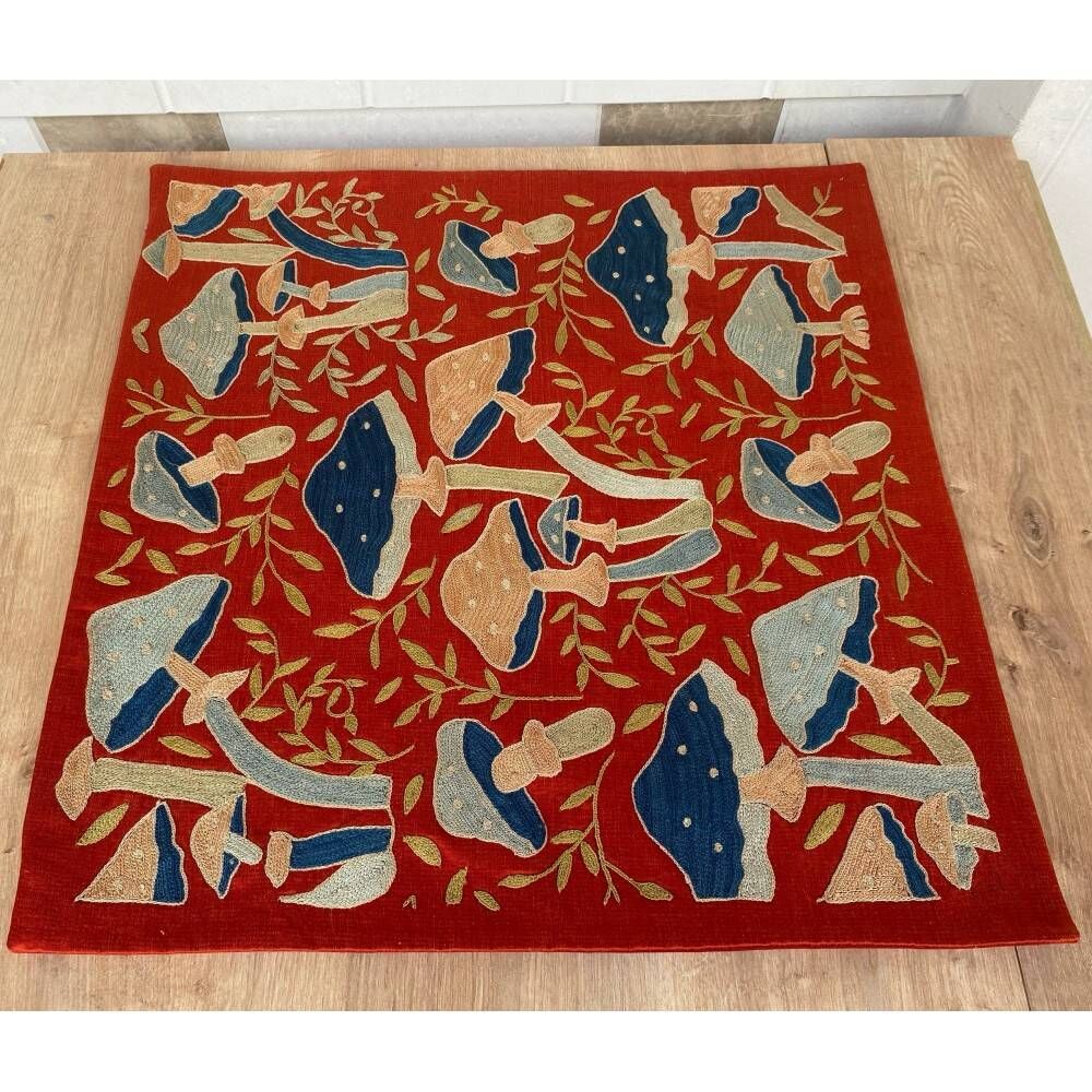 Silk Embroidered Mushroom Pattern Cushion Cover. Red Suzani Throw Pillow Case. Traditional Accent Pillow