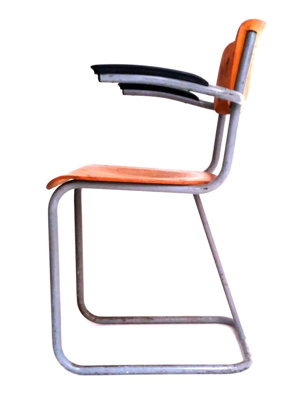 Dutch plywood vintage forties chair with bakelite armrests