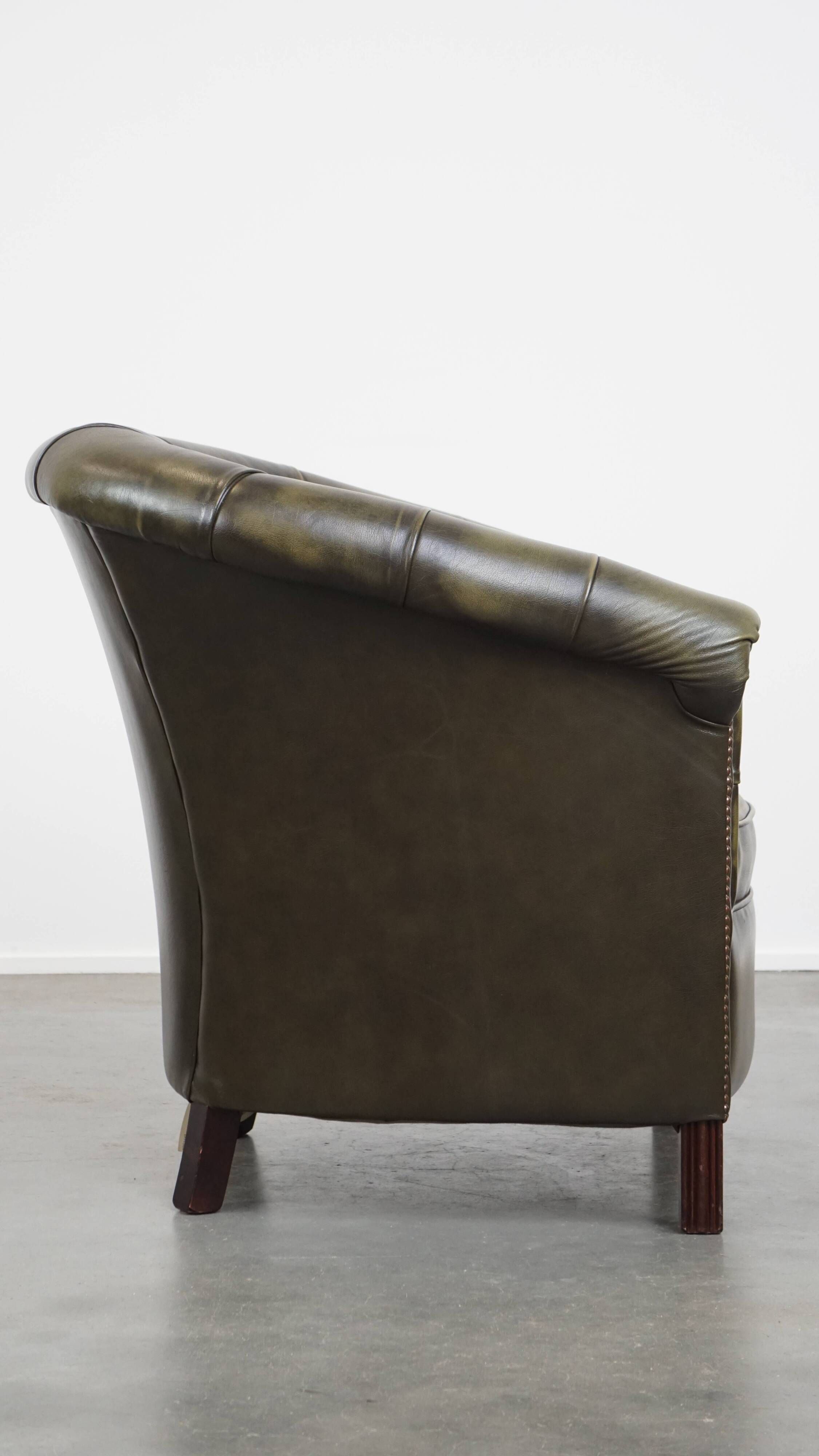 English Chesterfield club chair in olive green cowhide leather