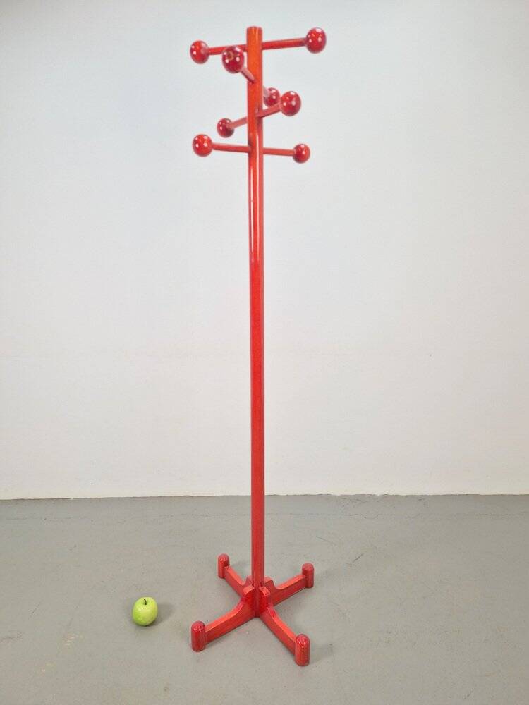 Postmodern Red Stained Beech Coat Rack with Balls, Italy, 1970s