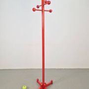 Postmodern Red Stained Beech Coat Rack with Balls, Italy, 1970s