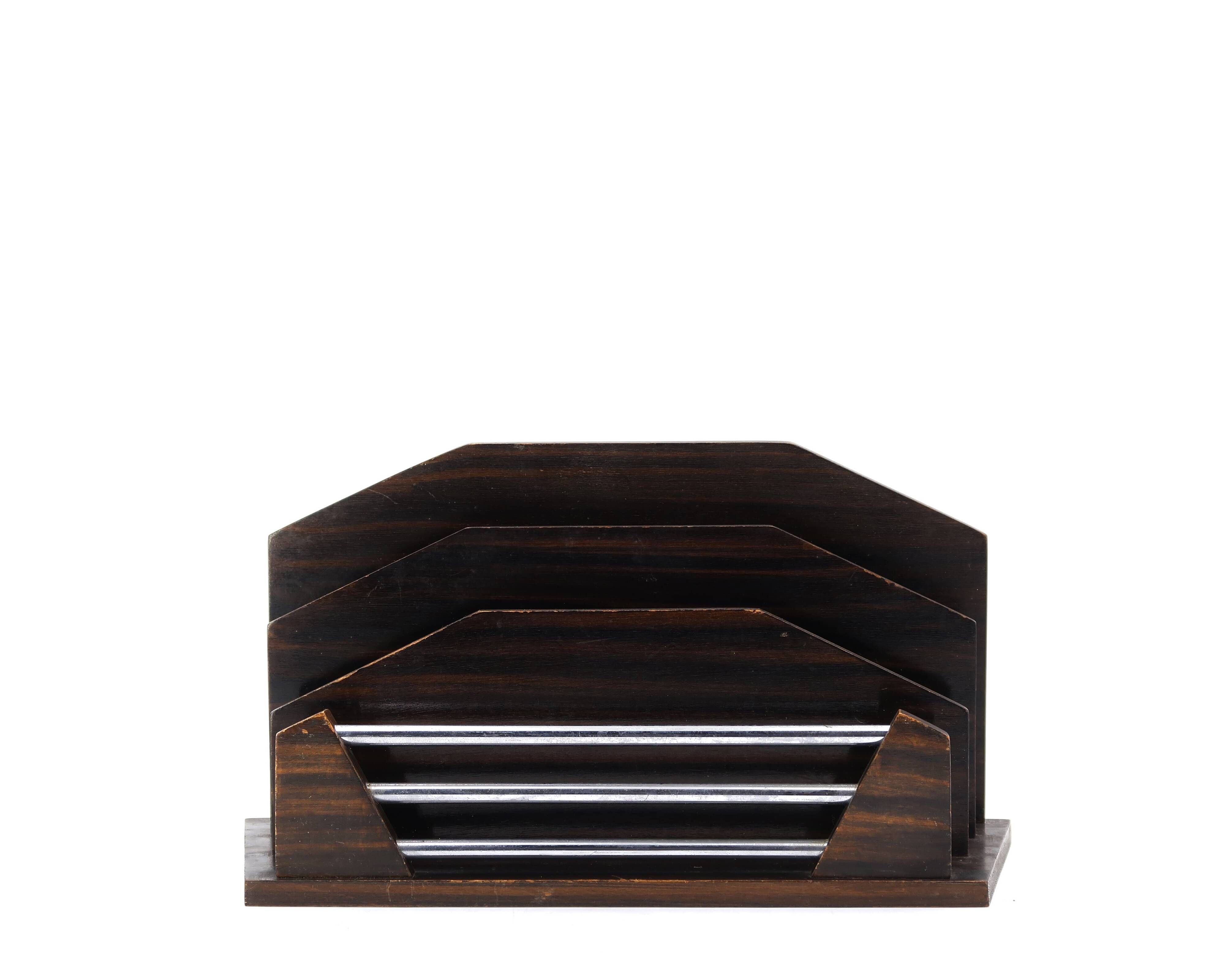 Art Deco mail holder in wood and metal, 1920s