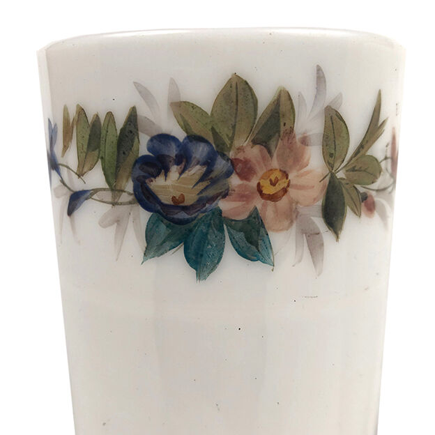 Pair of standing vases, white opaline decorated with flowers