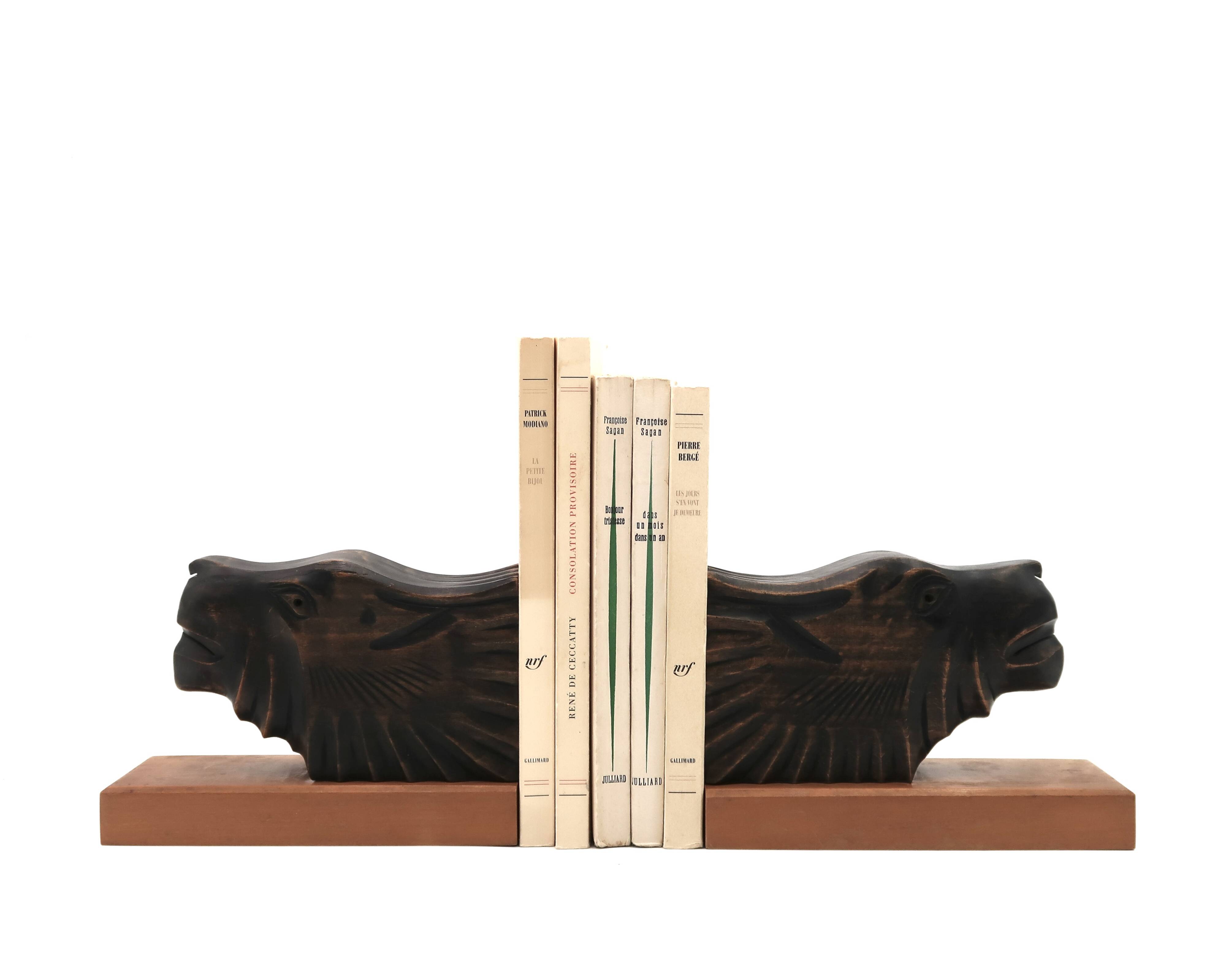 Art Deco wooden bookends with feline heads
