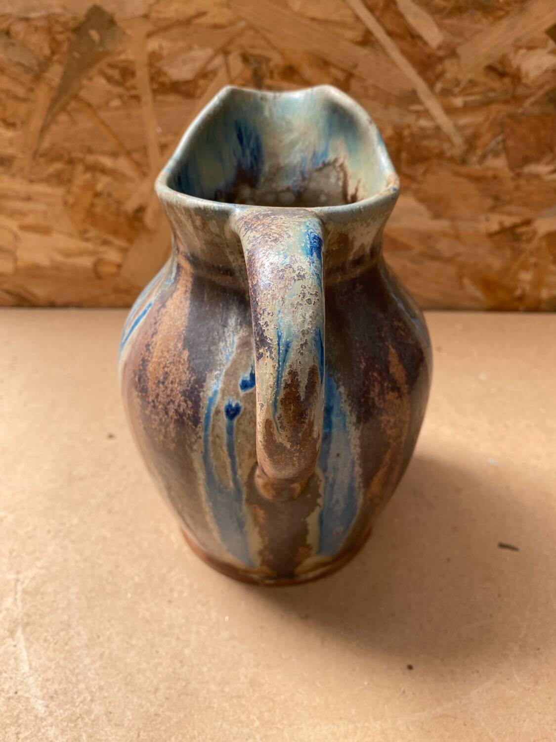 Antique art nouveau vintage blue brown flamed stoneware pitcher