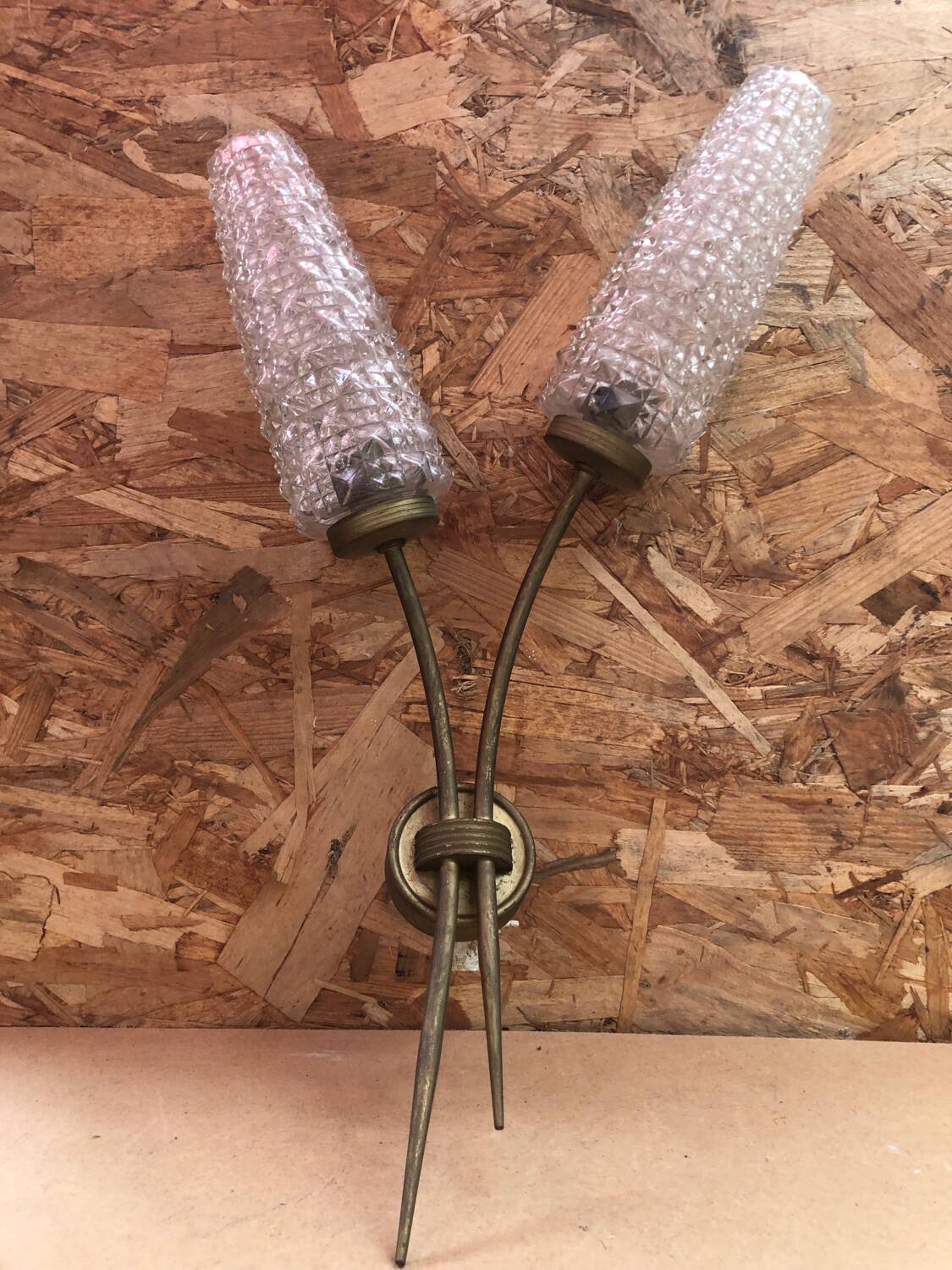 Old Double Brass Wall Lamp + Vintage Molded Glass Tulips