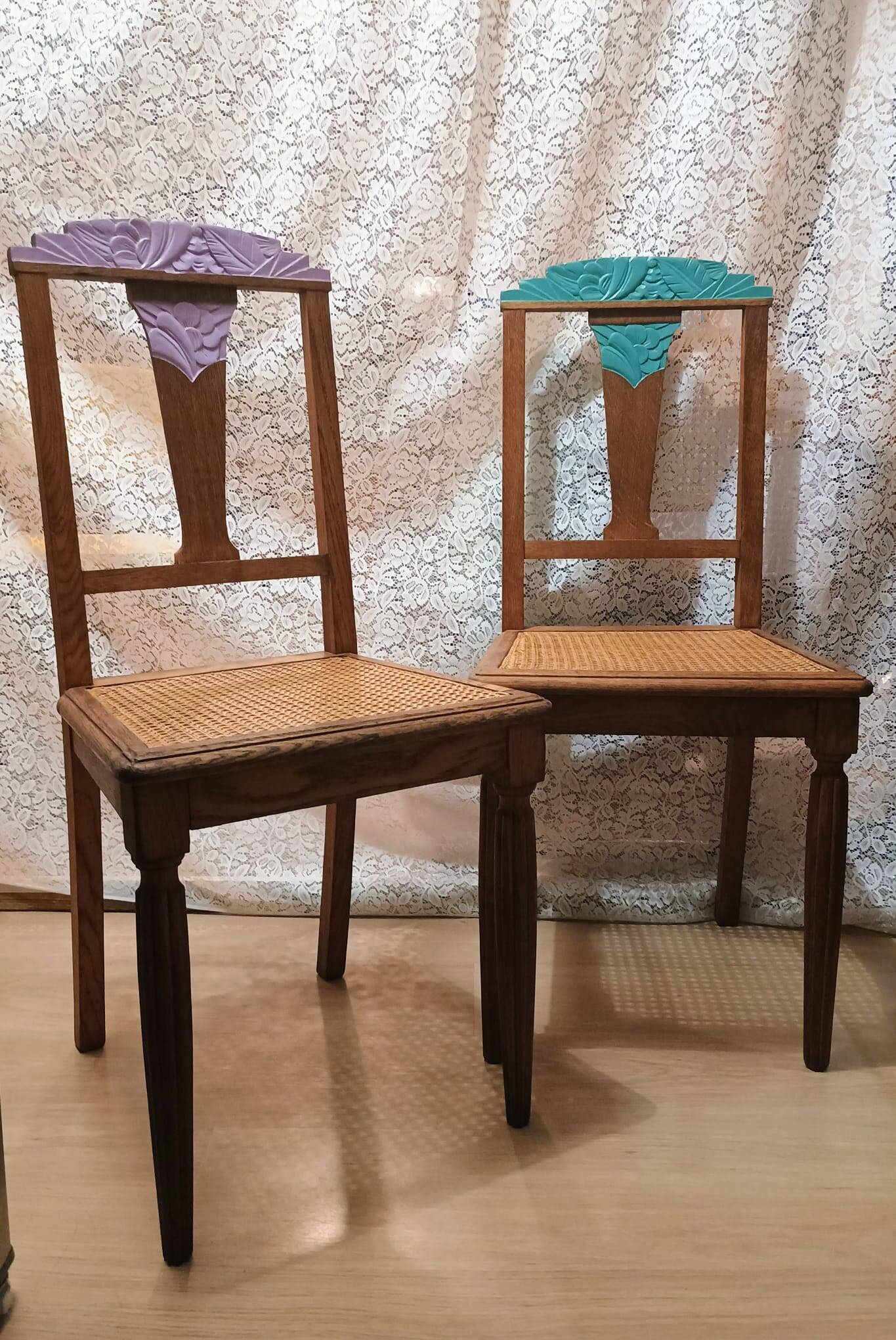 Two revamped art deco cane chairs