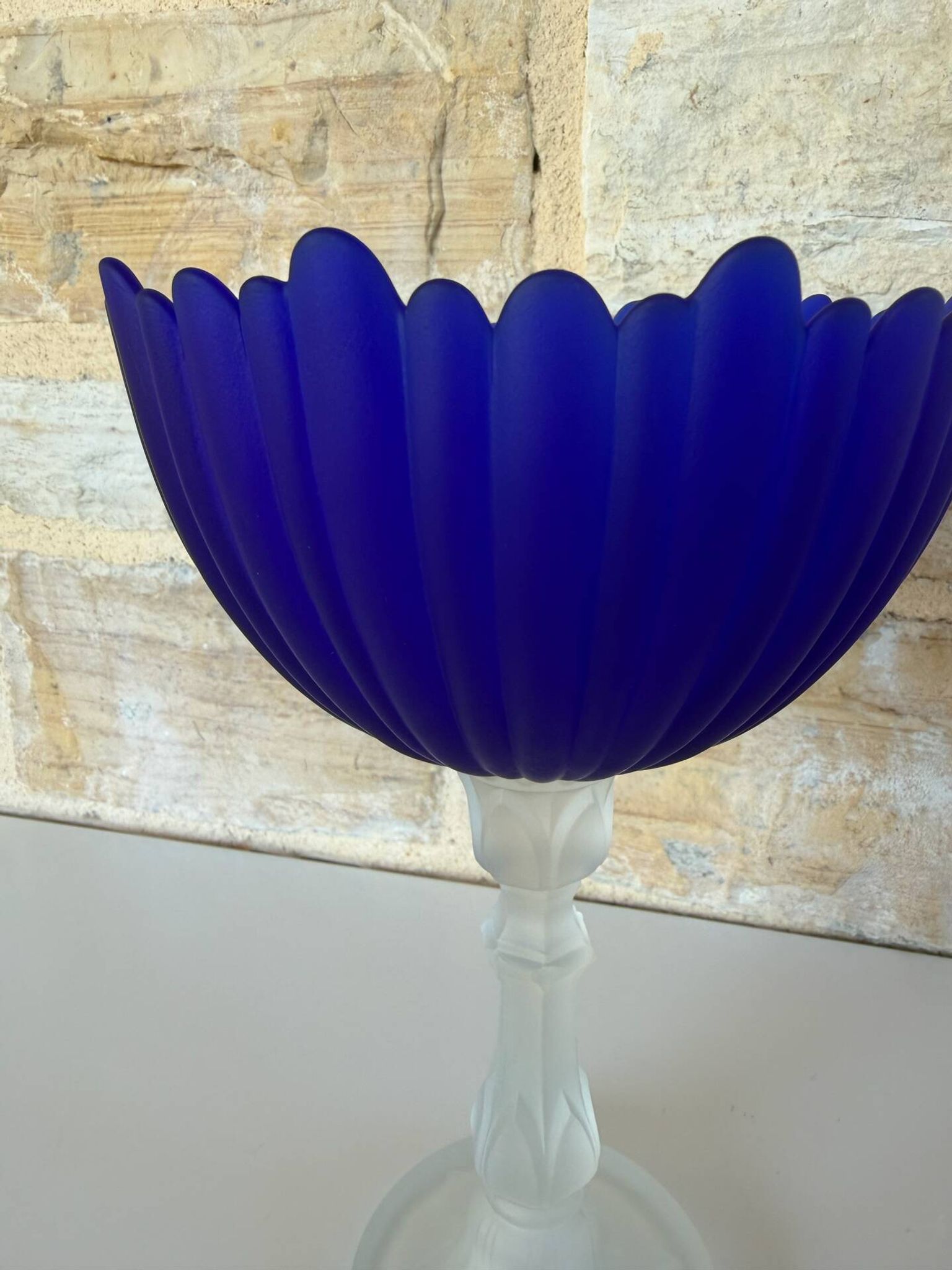 Large vintage Art Deco footed bowl – cobalt blue & frosted glass