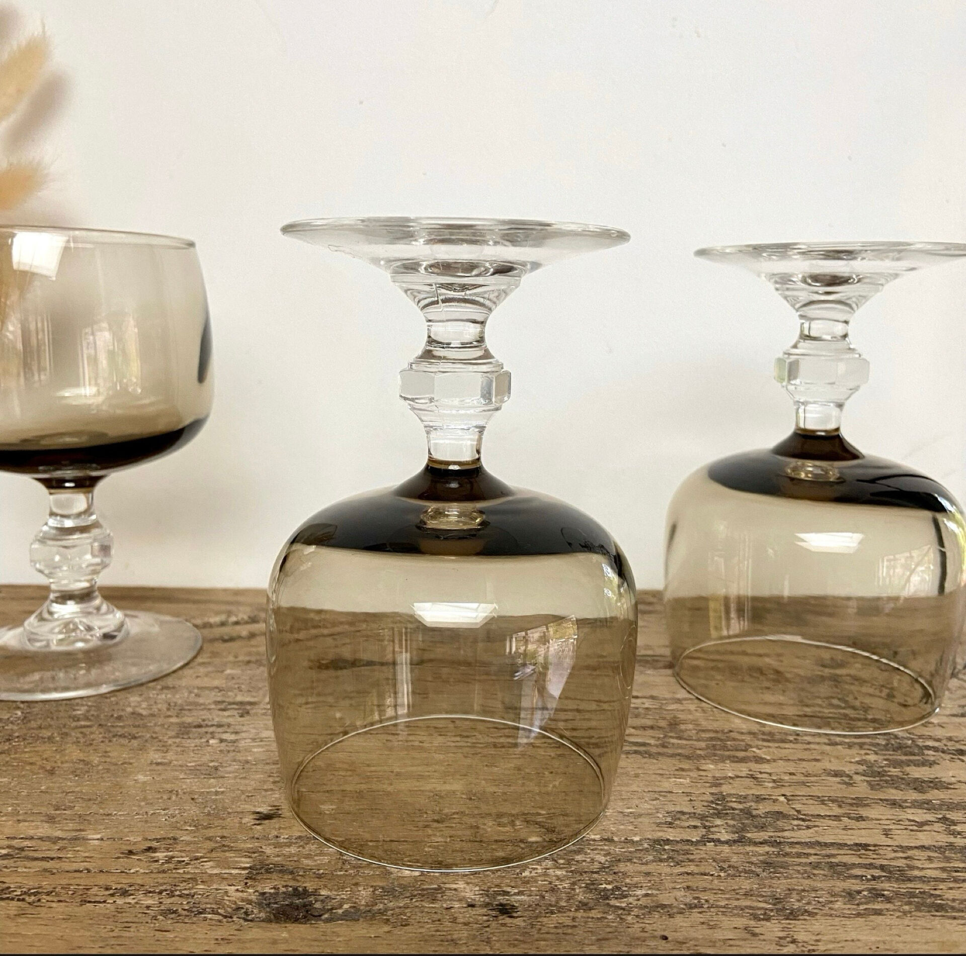 6 vintage smoked stemmed glasses