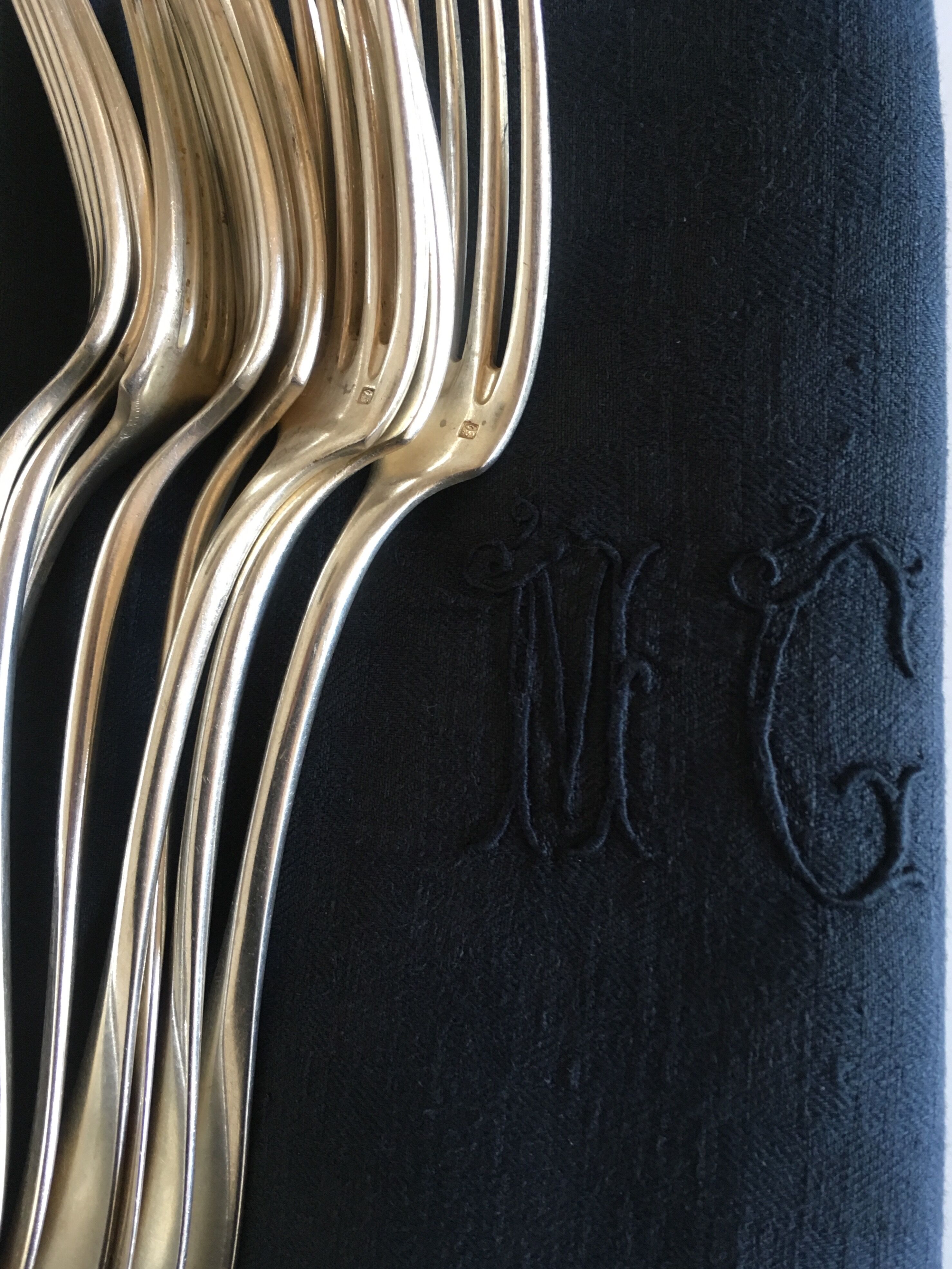 Set of 4 old black damask towels embroidered monogram MC, circa 1920