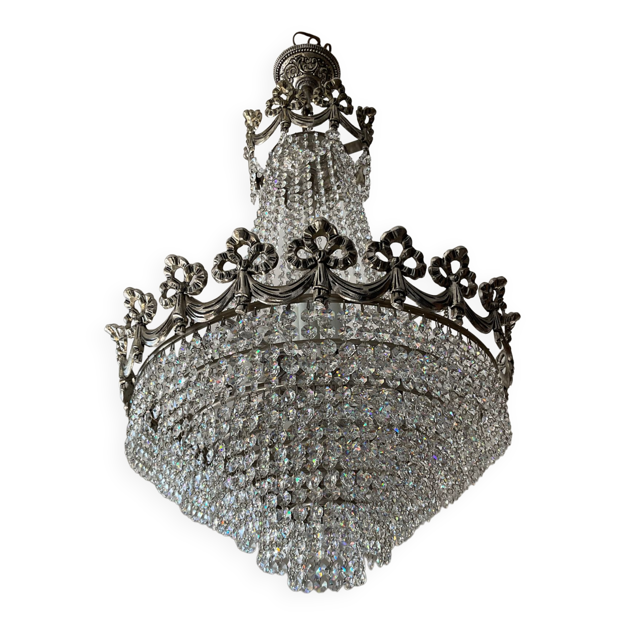Hot air balloon chandelier in silver bronze and crystal tassels