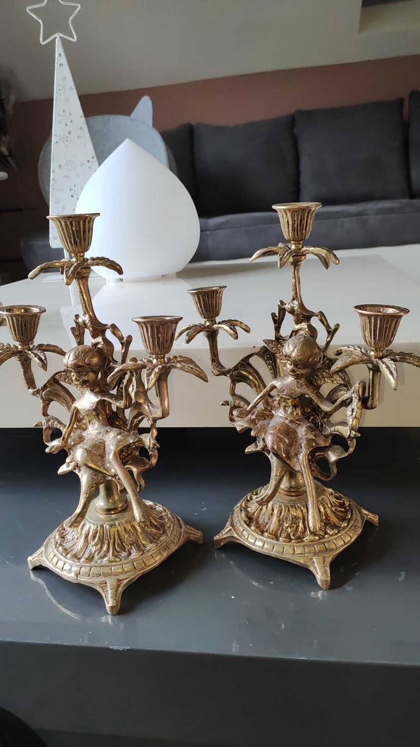 Pair of Antique 3-light candlesticks. Puttis/Cherubs. Bronze
