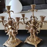 Pair of Antique 3-light candlesticks. Puttis/Cherubs. Bronze
