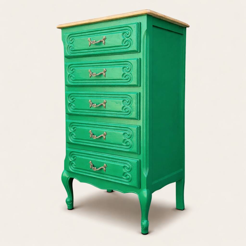 Vintage green oak chest of drawers from the 1960s.