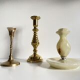 Trio of brass and vintage onyx candlesticks