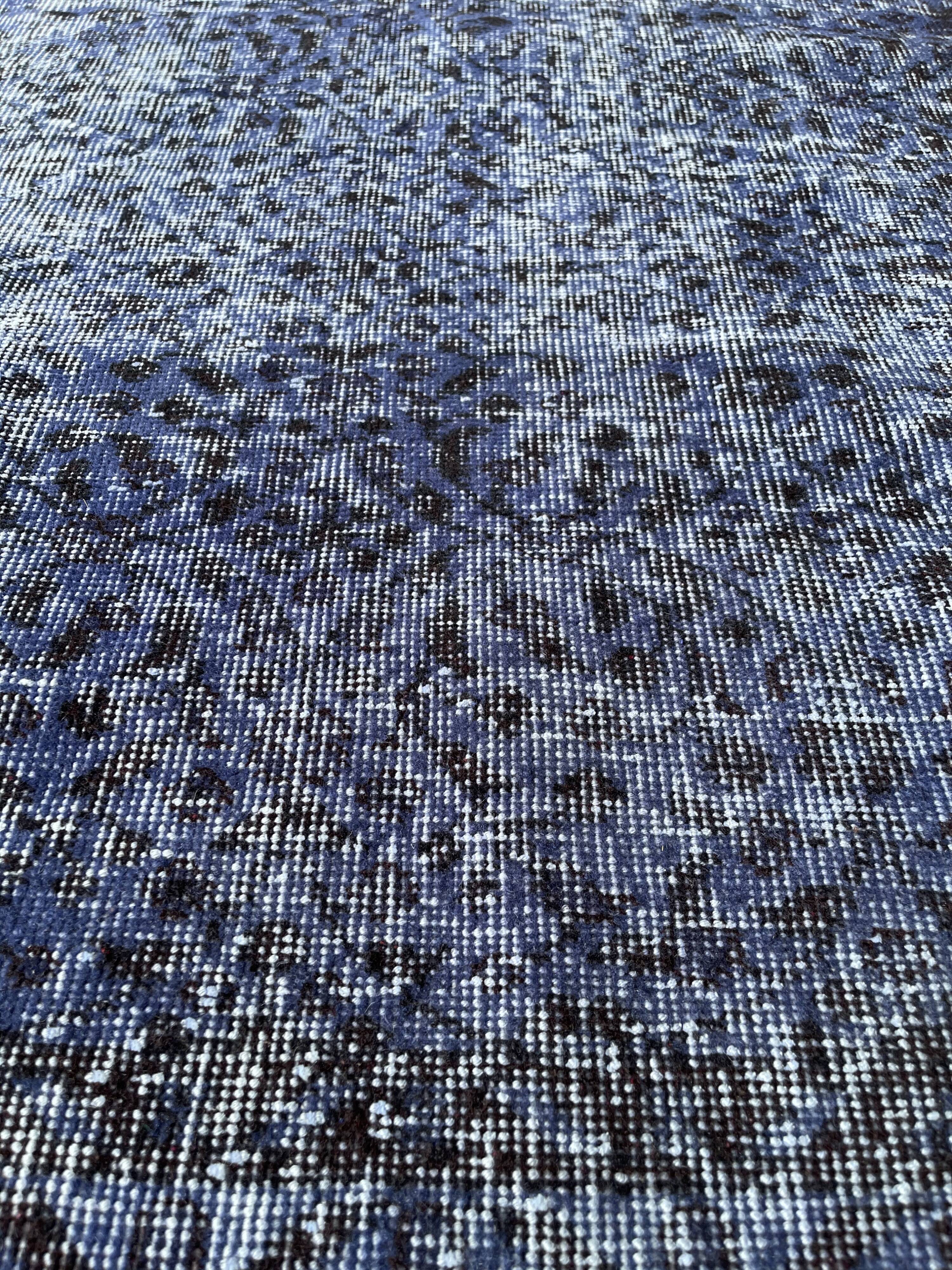 Distressed Turkish Narrow Runner 316 X 98 cm Wool Vintage rug, Over-dyed Navy Blue