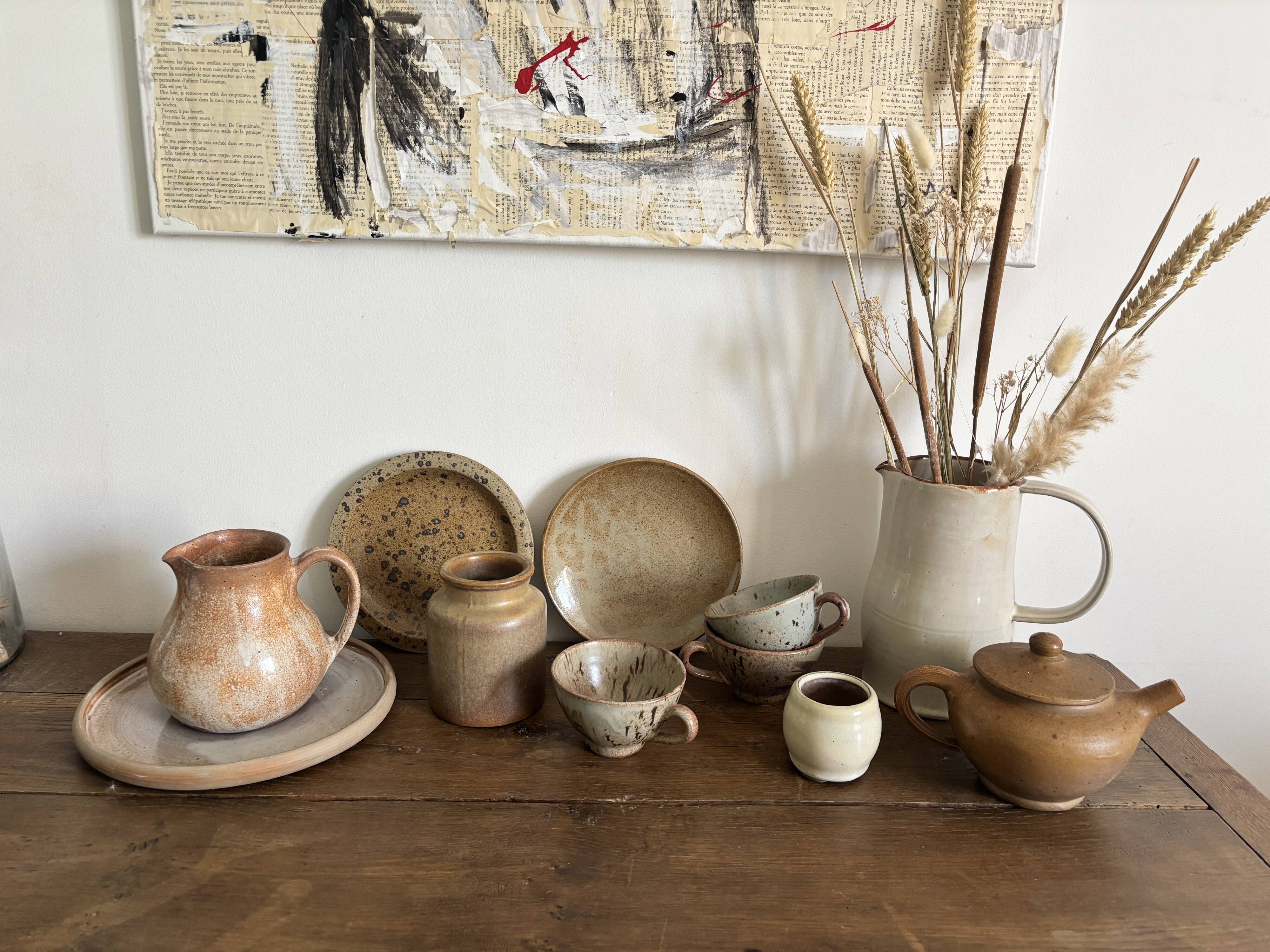 Ensemble de céramiques artisanales française en grès vintage, années 60-70