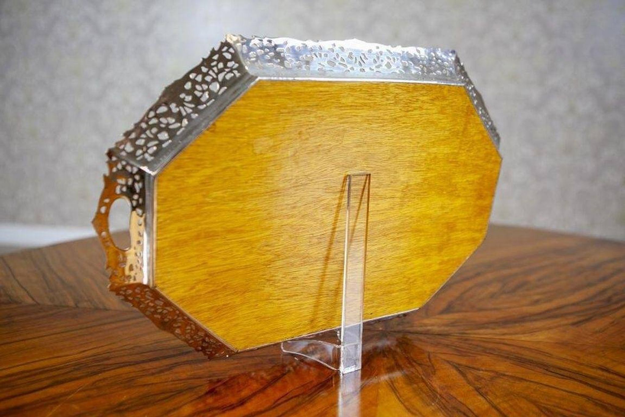 Early-20th Century Wooden Tray with Metal Openwork Border, 1950s