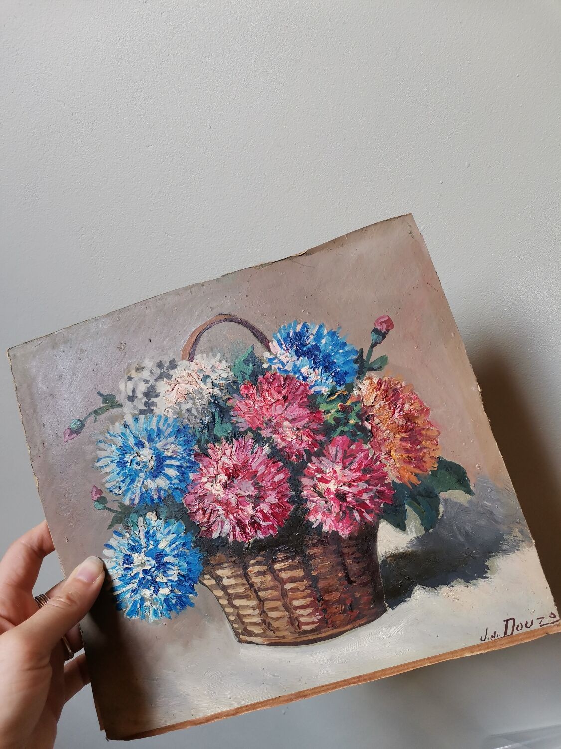 Original painting signed framed bouquet vintage flower