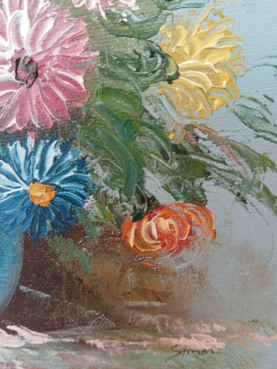 Small painting, bouquet of flowers, blue background