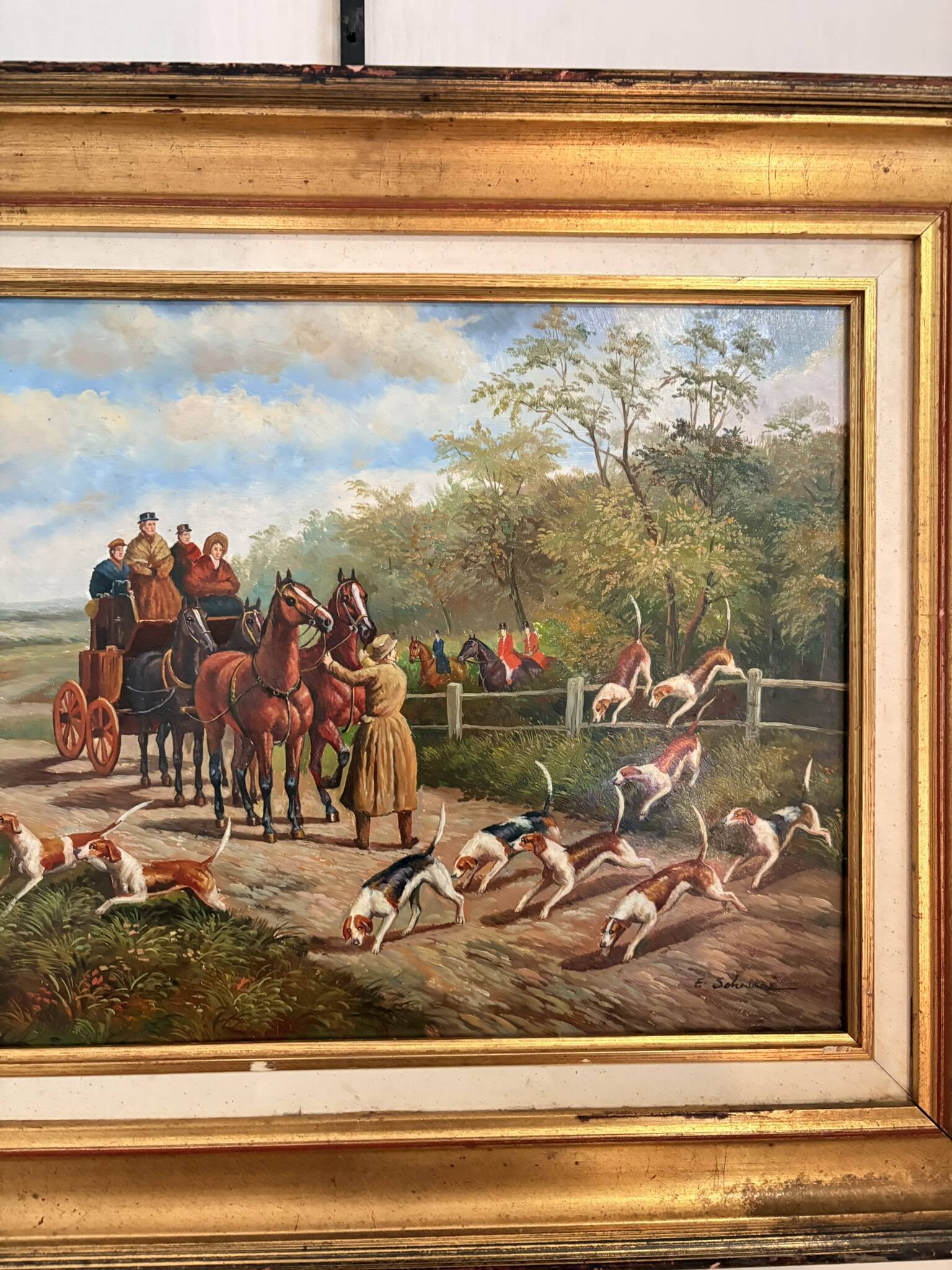 Oil Painting Panel Wood Gilded Hunting English Dog 19th Century