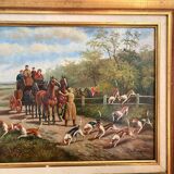 Oil Painting Panel Wood Gilded Hunting English Dog 19th Century