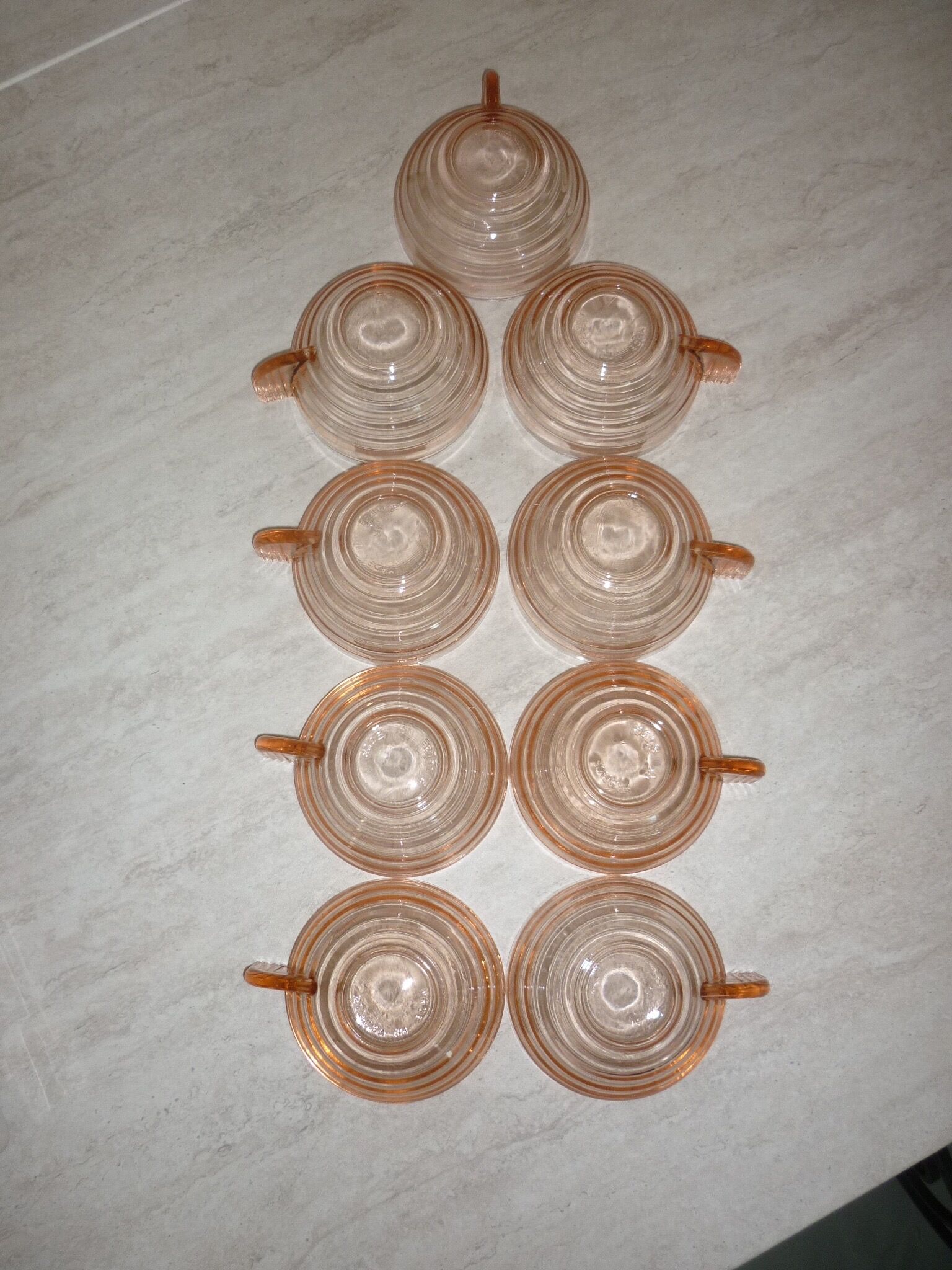 Lot 9 art deco cups in pink transparent glass