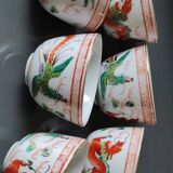 Chinese tea service/Teapot + 6 cups. In fine porcelain. Dragons/Phoenix decor. Feng Shui Rose Family Style. 70s