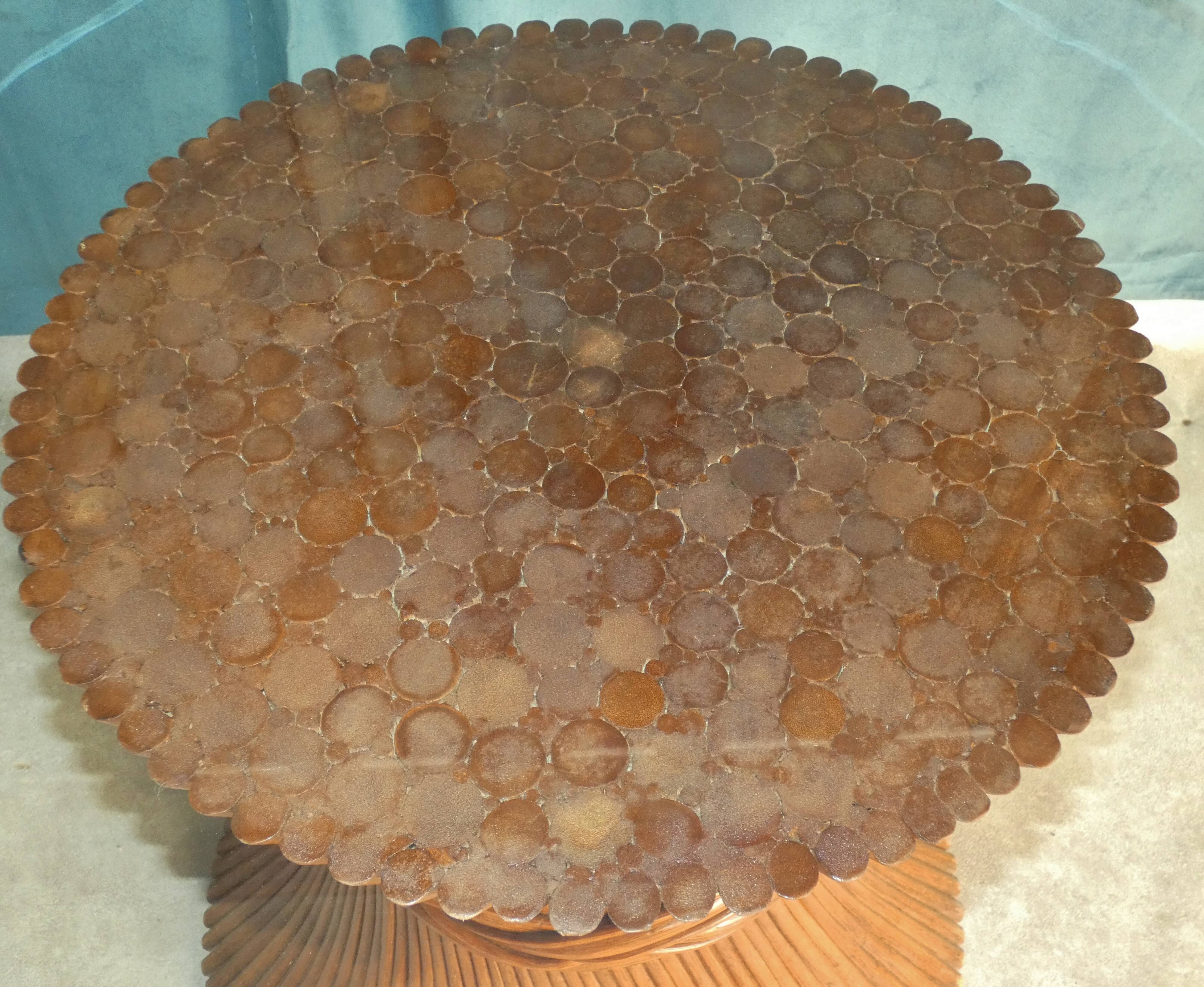 Round Dining Table McGuire Central Foot Bamboo "Wheat Sheaf" / Glass Tray, USA 1970