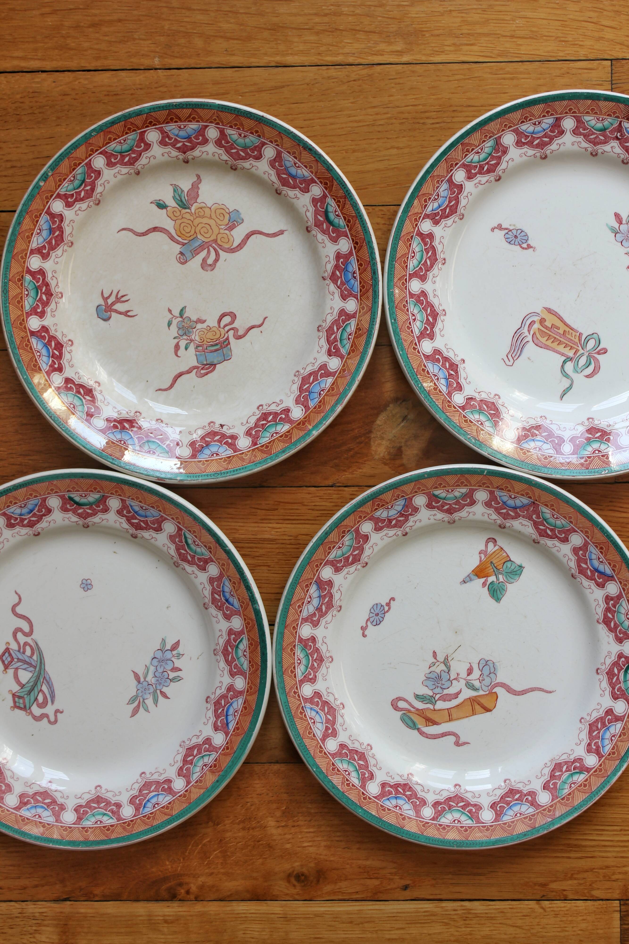 4 polychrome ironstone dessert plates, "Chinese" model, U&C Sarreguemines