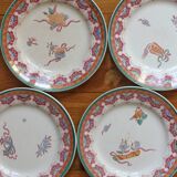 4 polychrome ironstone dessert plates, "Chinese" model, U&C Sarreguemines