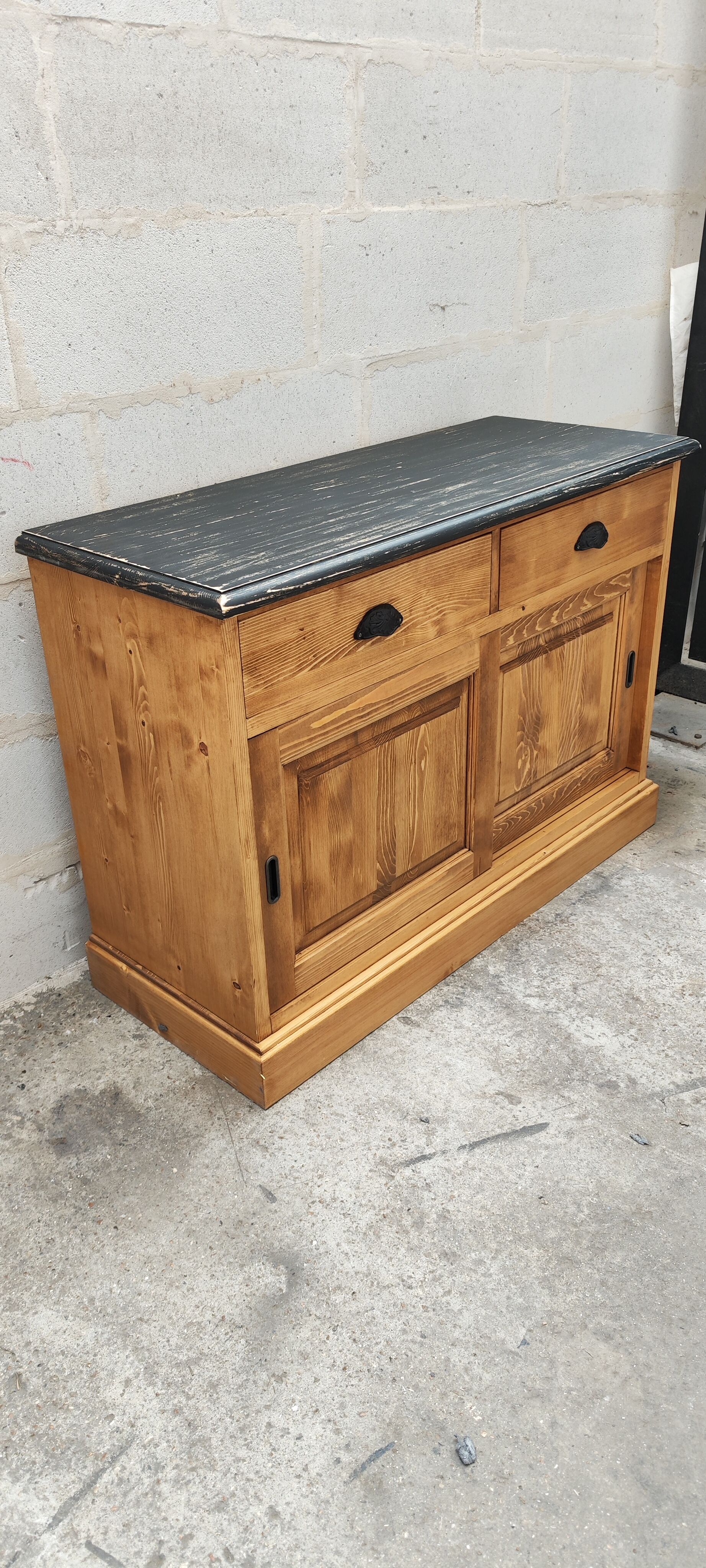 Furniture two sliding doors waxed pine above black patina