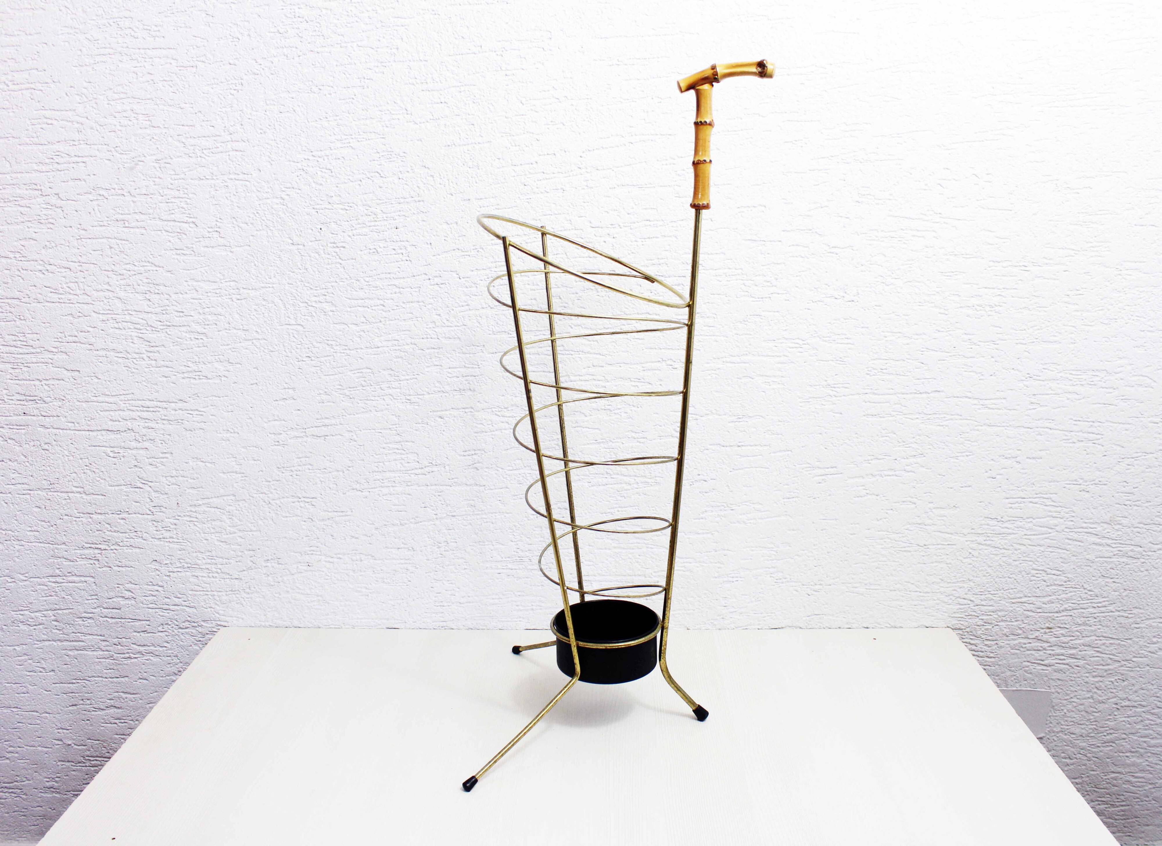Vintage brass umbrella stand, bamboo handle