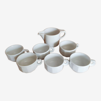 White bistro coffee cups and creamer, porcelain, Apilco and Helvet