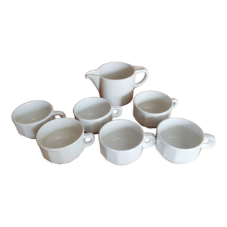 White bistro coffee cups and creamer, porcelain, Apilco and Helvet